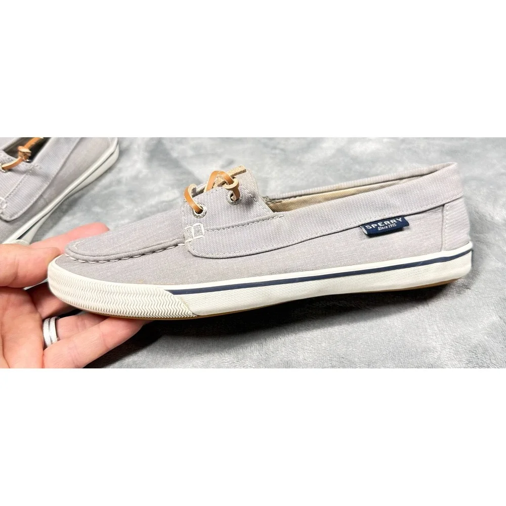 Sperry Boat Shoes Womens 8.5 Gray Canvas Leather Lace Slip On Casual